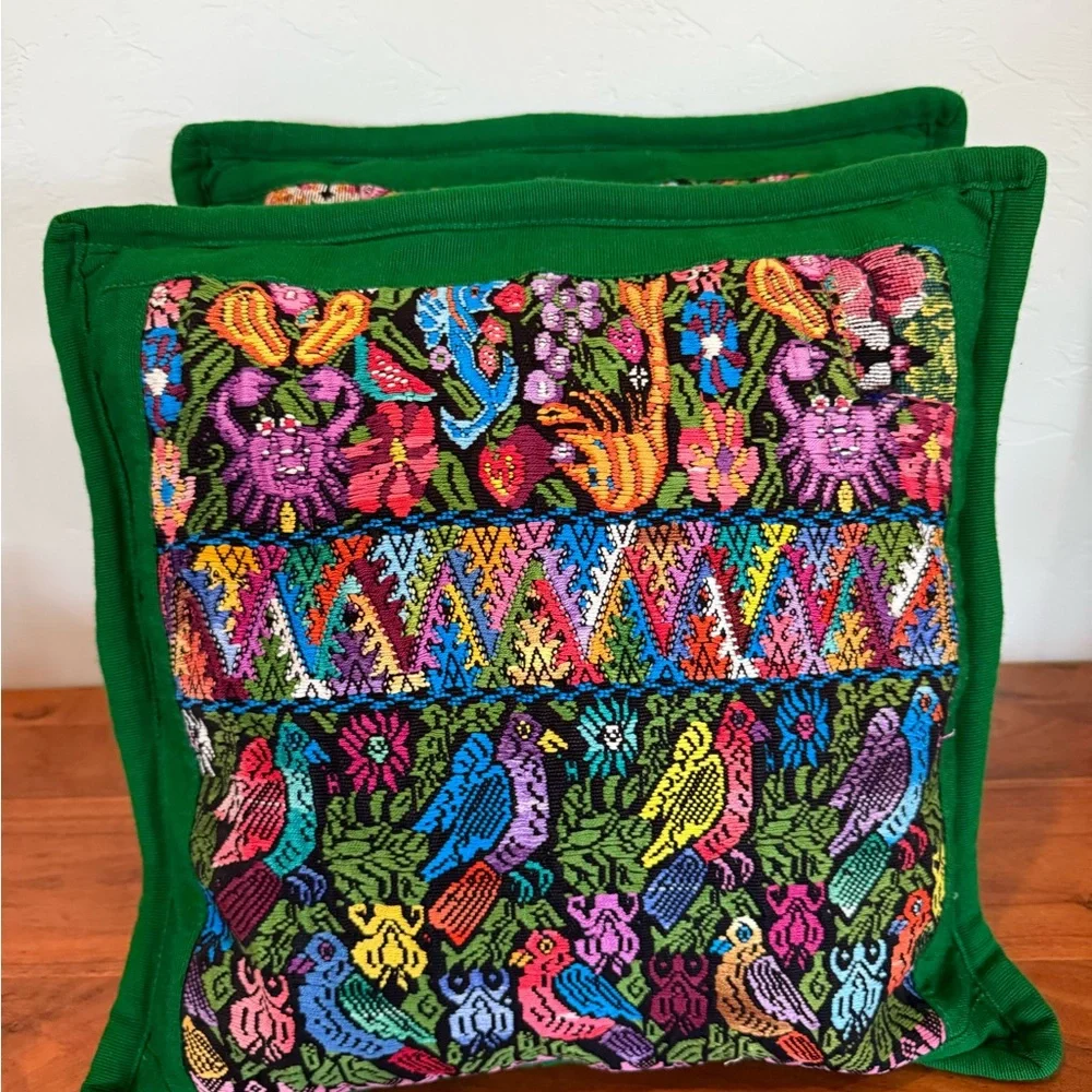 Guatemala handmade Embroidered Throw Pillows pair‎ 18x18” zip birds crab floral